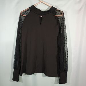 Lace Sleeve Blouse Sheer Polka Dot Mesh High Neck Keyhole Back Elegant Blouse